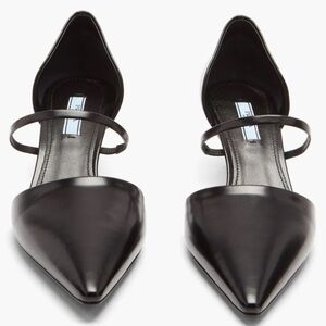 Prada Black Leather Pointed Toe Ballet Flats with Logo Strap Size 37 1/2